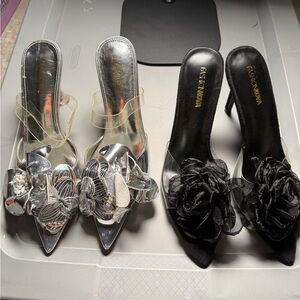 Fashion Nova Black and Silver Floral Heels